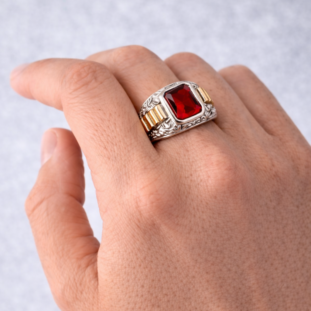 Anillo de Hombre Sello Circón en Oro - Plata 925