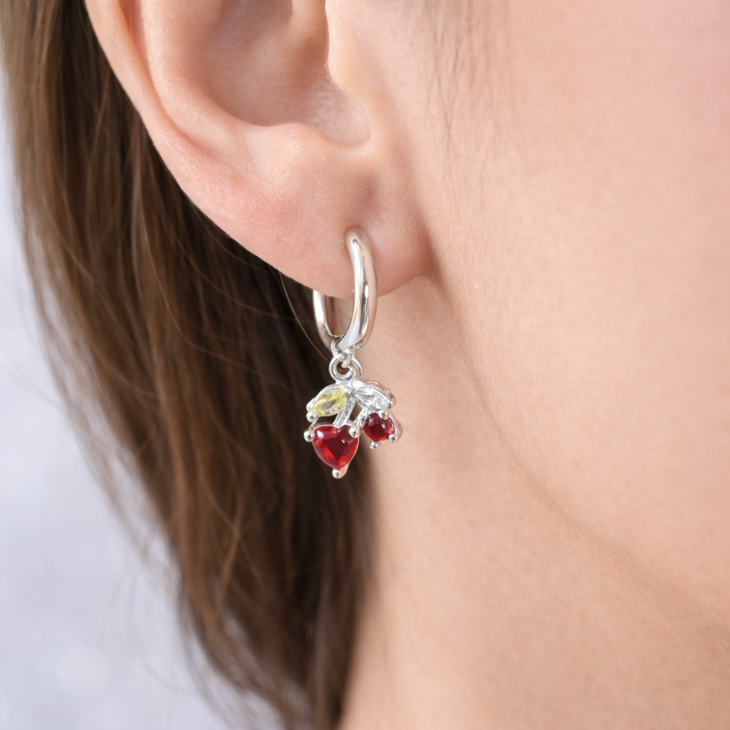 Aro con Tope de Cereza Circones Rojos - Plata 925